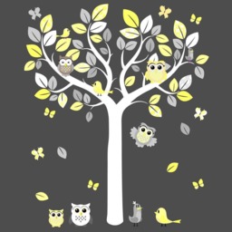 Tree Owls Birds Wall Sticker Grey Lemon Yellow Unisex Nursery Decal Art Graphic Mural Cute - thumbnail 2