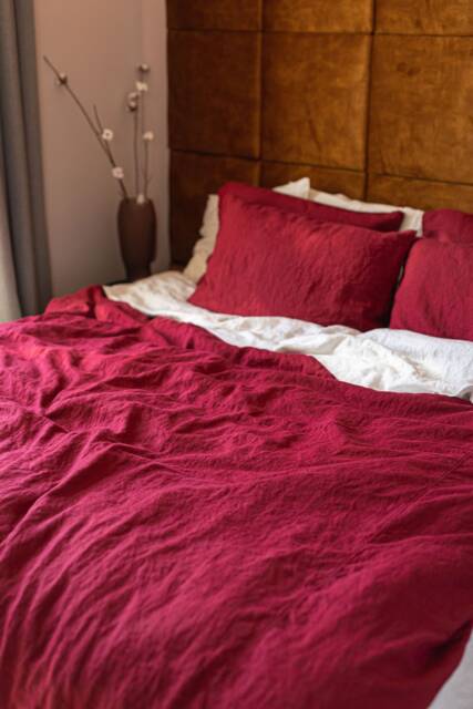 Ruby Red Linen Bedding Set Boho Duvet Cover With Pillowcases - image 1