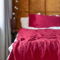Ruby Red Linen Bedding Set Boho Duvet Cover With Pillowcases - thumbnail 3