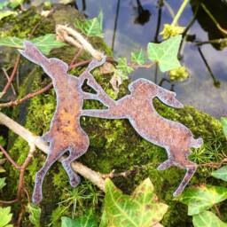 Celtic Boxing Hare's Rustic Christmas Tree Ornament March Hares Gift Moon Gazing Hare Pagan Rusty Hanger Druid Decoration - thumbnail 3