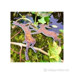 Rusty Boxing Hares Metal Hanger Rustic Garden Art Plaque - 10cm