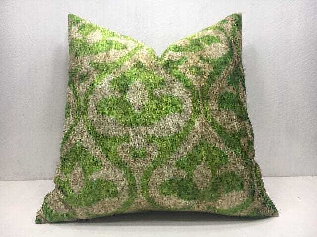 Handwoven Silk Ikat Pillow Cover, Green Decorative - 20x20 - image 1