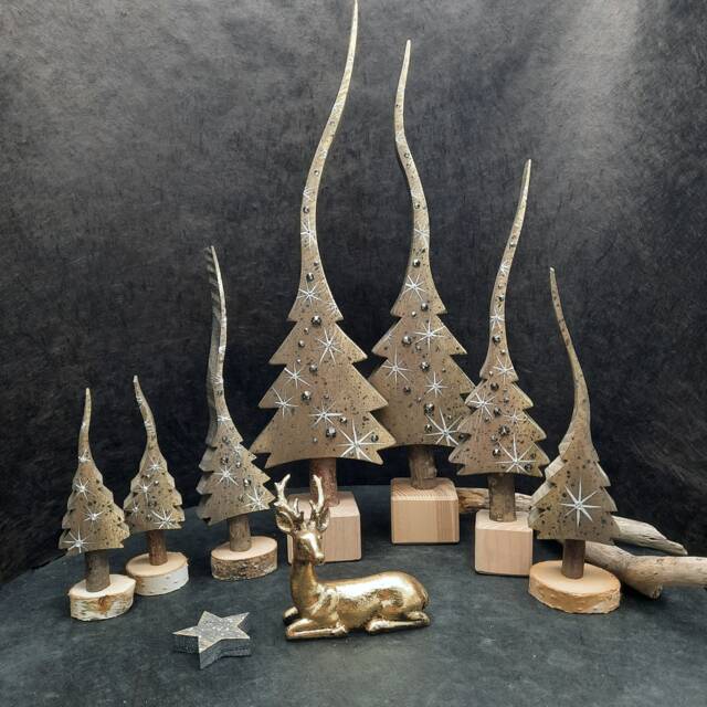 Dark Champagne, Gold/Grey Shimmering, A Glittering Christmas Tree, Hand-Painted Made Of Wood in 4 Sizes - image 1