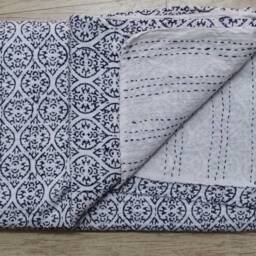 Handmade Queen Kantha Quilt Indian Check Print Bedspread Throw - thumbnail 4