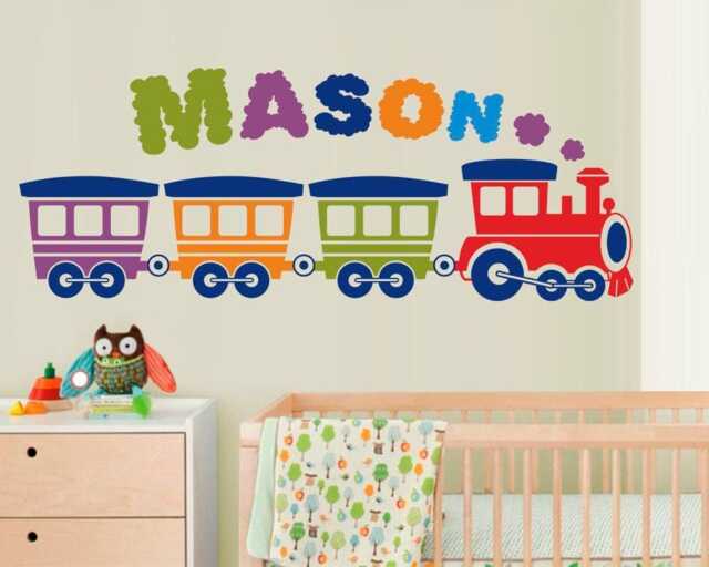 Personalized Boys Name Wall Decal - Colorful Train Nursery Art Childs Room Decor - image 1