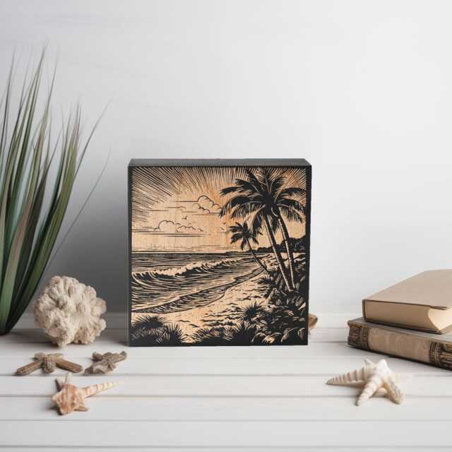 Tropical Beach View Mini Engraved Birch Wood Panel - Block Print Style Island Wall Art, Beachy Illustration Print, Coastal Home Decor Gift - image 1