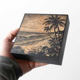 Tropical Beach View Mini Engraved Birch Wood Panel - Block Print Style Island Wall Art, Beachy Illustration Print, Coastal Home Decor Gift - thumbnail 2
