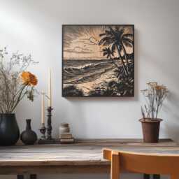 Tropical Beach View Mini Engraved Birch Wood Panel - Block Print Style Island Wall Art, Beachy Illustration Print, Coastal Home Decor Gift - thumbnail 3