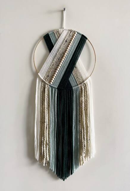 Emerald Green Yarn Hoop Wall Hanging With Beads - image 1