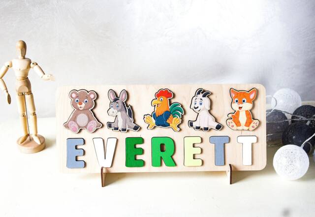 1 2 3 Birthday Gift, Animals Wooden Name Puzzle, Montessori Toy, Gift For Kids, Personalized Baby Busy Board Puzzle - image 1