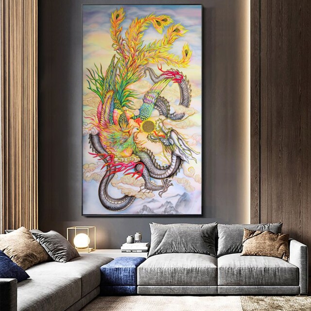 Large Dragon & Phoenix Canvas Art, Wall Art, Art Wall, Chinese Dragon Print, Decor - image 1