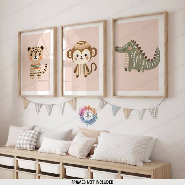 Safari Nursery Prints - Set Of 3 Boho Posters - Kids Playroom Wall Art Cute Animal Designs Beige Coloured Decor Boys Girls Bedroom - image 1