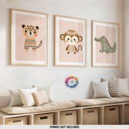 Safari Nursery Prints - Set Of 3 Boho Posters - Kids Playroom Wall Art Cute Animal Designs Beige Coloured Decor Boys Girls Bedroom - thumbnail 2