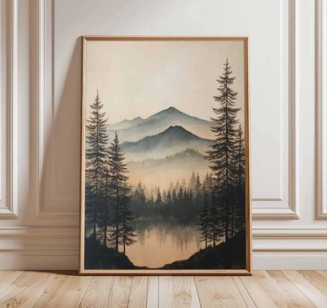 Misty Forest Wall Art, Mountain Landscape Poster, Nature Woodland Print, Foggy Pine Trees Painting, Rustic Cabin Home Decor - image 1