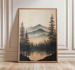 Misty Forest Wall Art, Mountain Landscape Poster, Nature Woodland Print, Foggy Pine Trees Painting, Rustic Cabin Home Decor - thumbnail 1