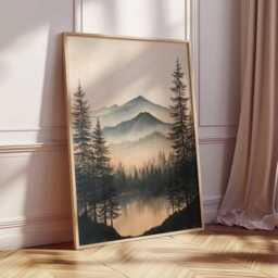 Misty Forest Wall Art, Mountain Landscape Poster, Nature Woodland Print, Foggy Pine Trees Painting, Rustic Cabin Home Decor - thumbnail 2