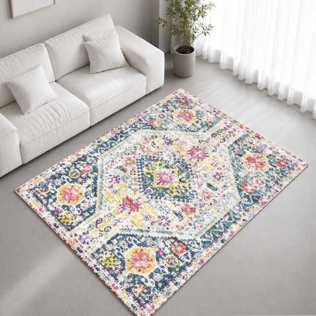 Distressed Navy Pink Medallion Rug Non-Slip Soft Area Carpet Bedroom Living Room Hallway Mat Decor - Made in UK - image 1