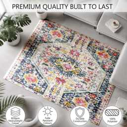 Distressed Navy Pink Medallion Rug Non-Slip Soft Area Carpet Bedroom Living Room Hallway Mat Decor - Made in UK - thumbnail 3