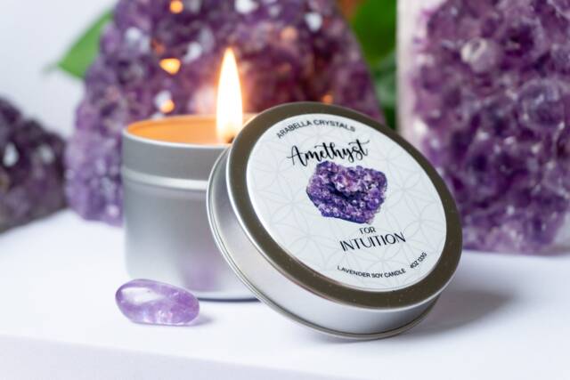 Amethyst Crystal Candle Lavender Citrus Scent, Vegan Soy Wax - 4Oz - image 1