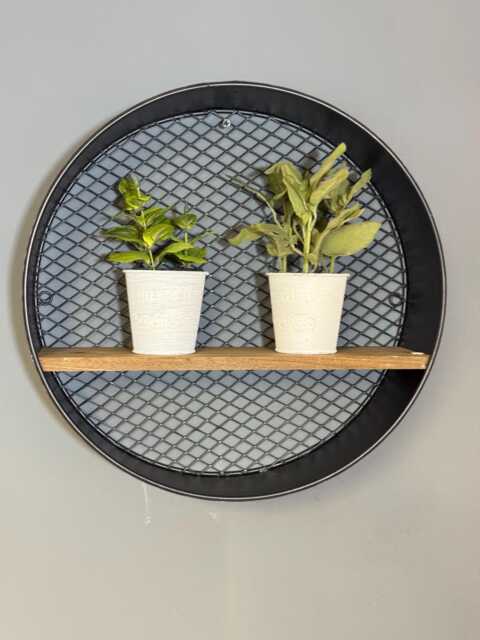 Round Industrial Wall Shelf, Black Mesh Metal & Rustic Wood, Retro Display For Home Decor - image 1