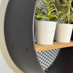 Round Industrial Wall Shelf, Black Mesh Metal & Rustic Wood, Retro Display For Home Decor - thumbnail 2