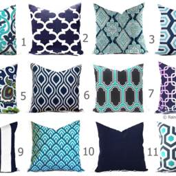 Outdoor Pillows Or Indoor Custom Cover - Shades Of Blue Navy Aqua Turquoise Ocean White Contemporary Modern Geometric 18x18, 16x16 - thumbnail 2