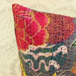 Floral Kantha Pillow Cover Gray Bohemian Embroidered Throw - thumbnail 2