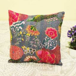 Floral Kantha Pillow Cover Gray Bohemian Embroidered Throw - thumbnail 1