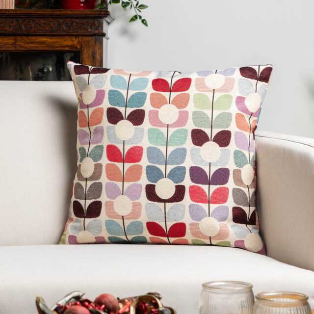 Retro Flower Stem Tapestry Cushion. Red, Pink, Blue & Orange Block-Print Tulip Floral Vintage Design. 17x17 - image 1