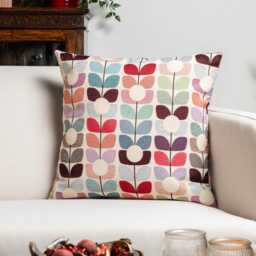Retro Flower Stem Tapestry Cushion. Red, Pink, Blue & Orange Block-Print Tulip Floral Vintage Design. 17x17 - thumbnail 1