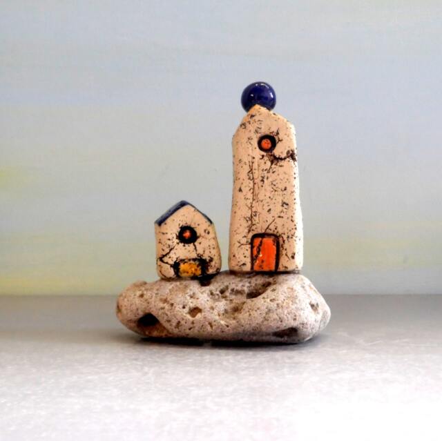 Ceramic Miniature House Sculpture, Beach Stone Cottage Decor - image 1