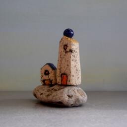 Ceramic Miniature House Sculpture, Beach Stone Cottage Decor - thumbnail 3
