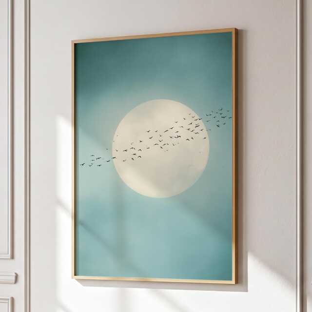 Soft Blue Moon With Birds Wall Art Minimalist Scandi Abstract Painting Large Room Decor Framed Calming Poster Print - image 1