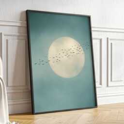 Soft Blue Moon With Birds Wall Art Minimalist Scandi Abstract Painting Large Room Decor Framed Calming Poster Print - thumbnail 2
