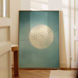 Soft Blue Moon With Birds Wall Art Minimalist Scandi Abstract Painting Large Room Decor Framed Calming Poster Print - thumbnail 3