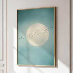 Soft Blue Moon With Birds Wall Art Minimalist Scandi Abstract Painting Large Room Decor Framed Calming Poster Print - thumbnail 1