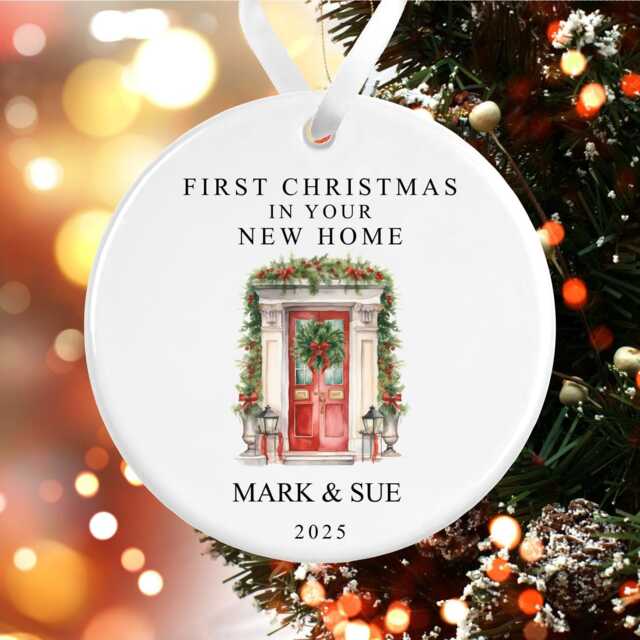 First Christmas in Your New Home Decoration - Personalised Tree Ornament Red Door Ceramic Bauble Housewarming Gift At - image 1