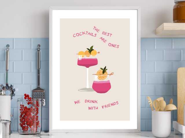 Best Cocktails With Friends - Wall Print Abstract Cocktail Friend Quote Gift Idea Bespoke Poster A5 A4 A3 Framed Or Unframed - image 1