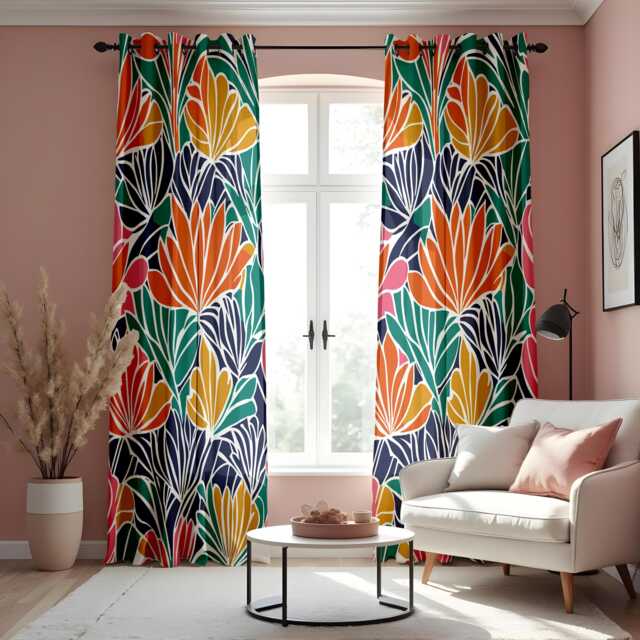 Colorful Tropical Leaf Eyelet Curtains, Bold Floral Print Drapes, Vibrant Boho Window Treatment, Living Room Custom Length Panel Curtains - image 1