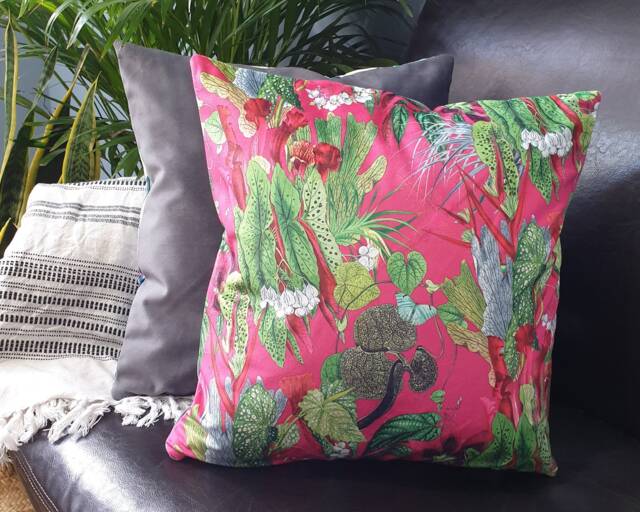 Floral Velvet Cushion Cover Botanical Print, Pink Tropical Pillow - image 1