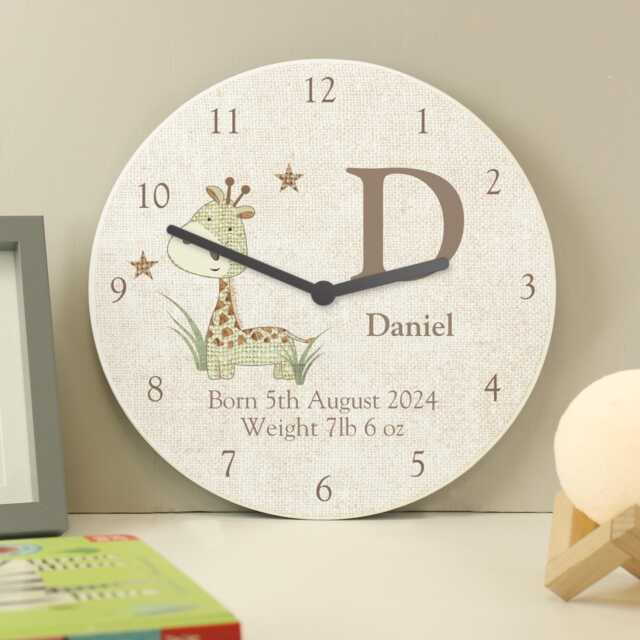 Personalised Hessian Giraffe Shabby Chic Large Wooden Clock - Nursery Decor Gift New Born 1st Birthday Christening - image 1