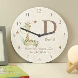 Personalised Hessian Giraffe Shabby Chic Large Wooden Clock - Nursery Decor Gift New Born 1st Birthday Christening - thumbnail 1