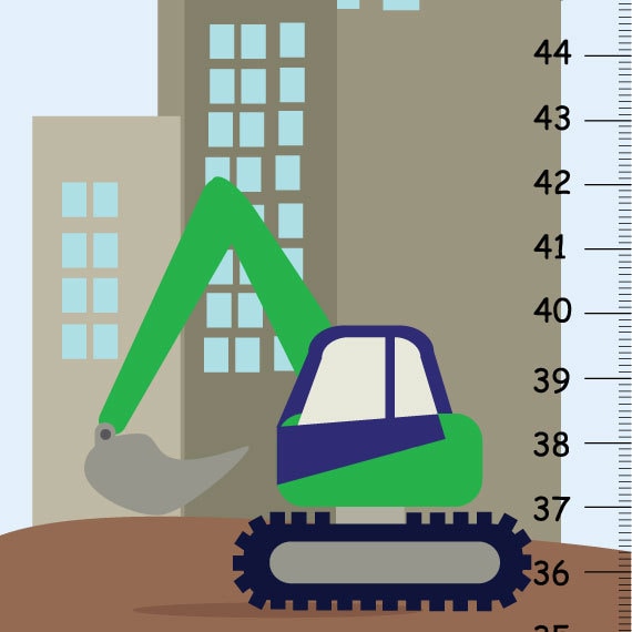 Canvas Growth Chart Blue & Green Construction Trucks Boys Bedroom Baby Nursery Wall Art - image 1