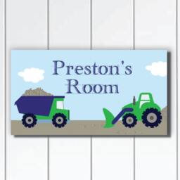 Canvas Growth Chart Blue & Green Construction Trucks Boys Bedroom Baby Nursery Wall Art - thumbnail 3