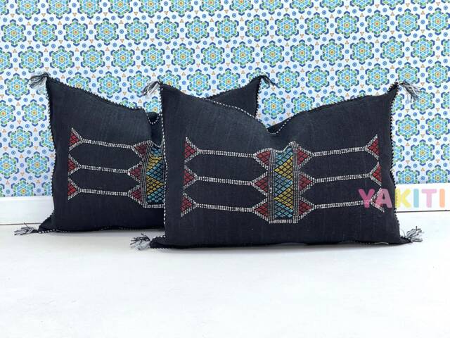 Yakiti-Black Square Moroccan Pillows, Aka Cactus Silk Pillow, Decorative Pillows, Sabra Pillows, Moroccan Decor Designer Cactus - image 1