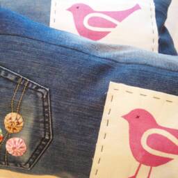 Upcycled Denim Lumbar Pillow Cover Hand-Printed Bird, Yo-Yo Flowers - thumbnail 2