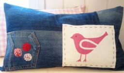 Upcycled Denim Lumbar Pillow Cover Hand-Printed Bird, Yo-Yo Flowers - thumbnail 1