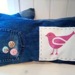 Upcycled Denim Lumbar Pillow Cover Hand-Printed Bird, Yo-Yo Flowers - thumbnail 3