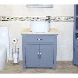 Bathroom Grey Painted Vanity Cabinet Modern Wash Stand Golden Onyx Top Ceramic Basin 502Ggocbc