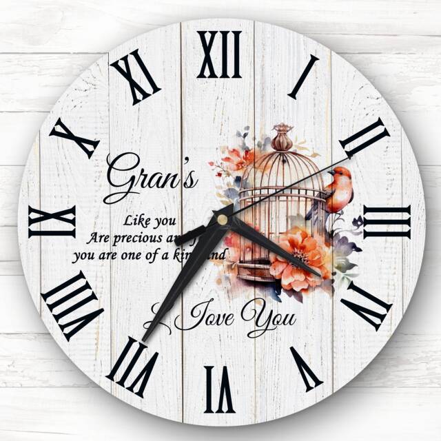 Wood Effect Gran Floral Bird Cage Personalised Gift Clock - image 1